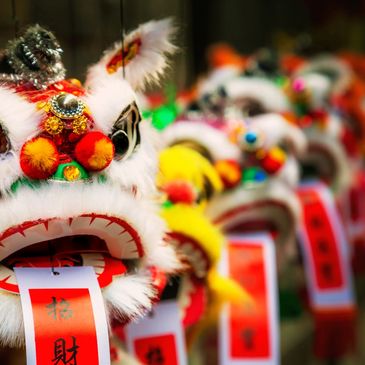 Colourful lion dance at a community celebration